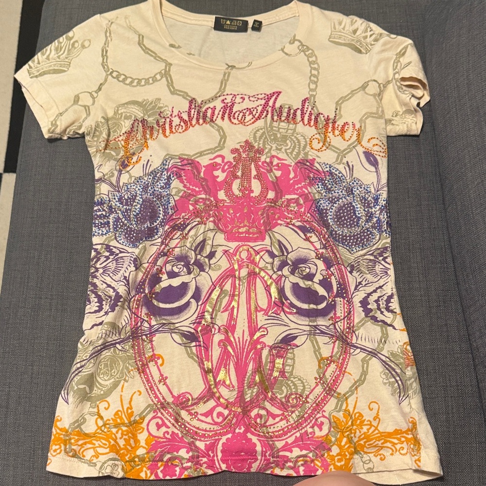 Christian Audigier Cream Tee with Pink, Purple & Gold Graphic